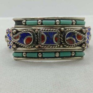 Single Handmade Nepalese Tribal Bracelet: Turquoise, Lapis, and Coral Gemstones